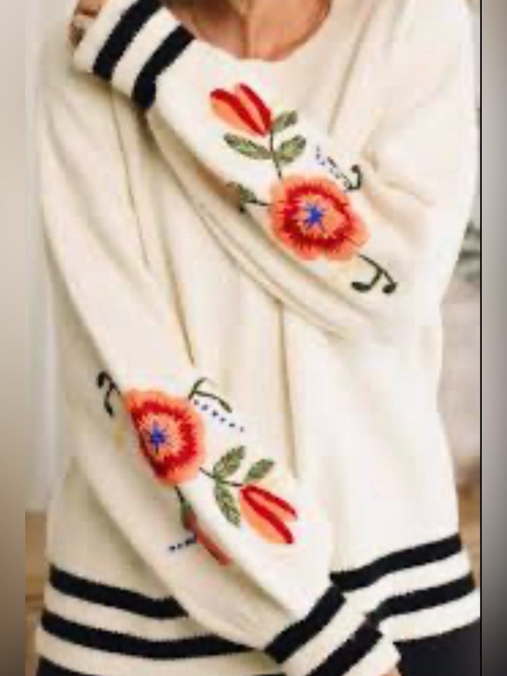 Embroidered Floral Oversized Cream Sweater W/ Black Stripes Puffer longsleeves